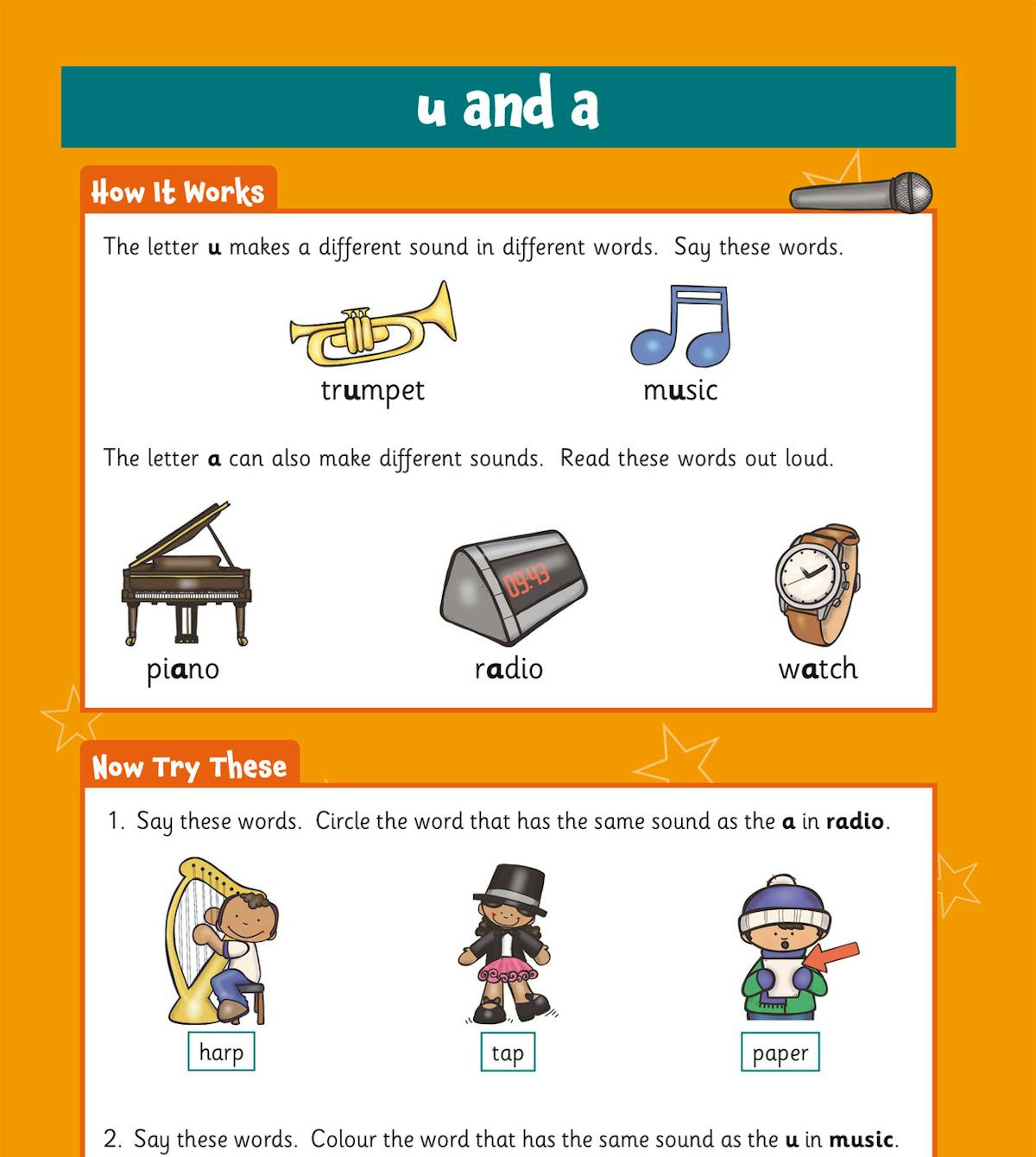 Page showing 'u and a' phonics activities with illustrated examples