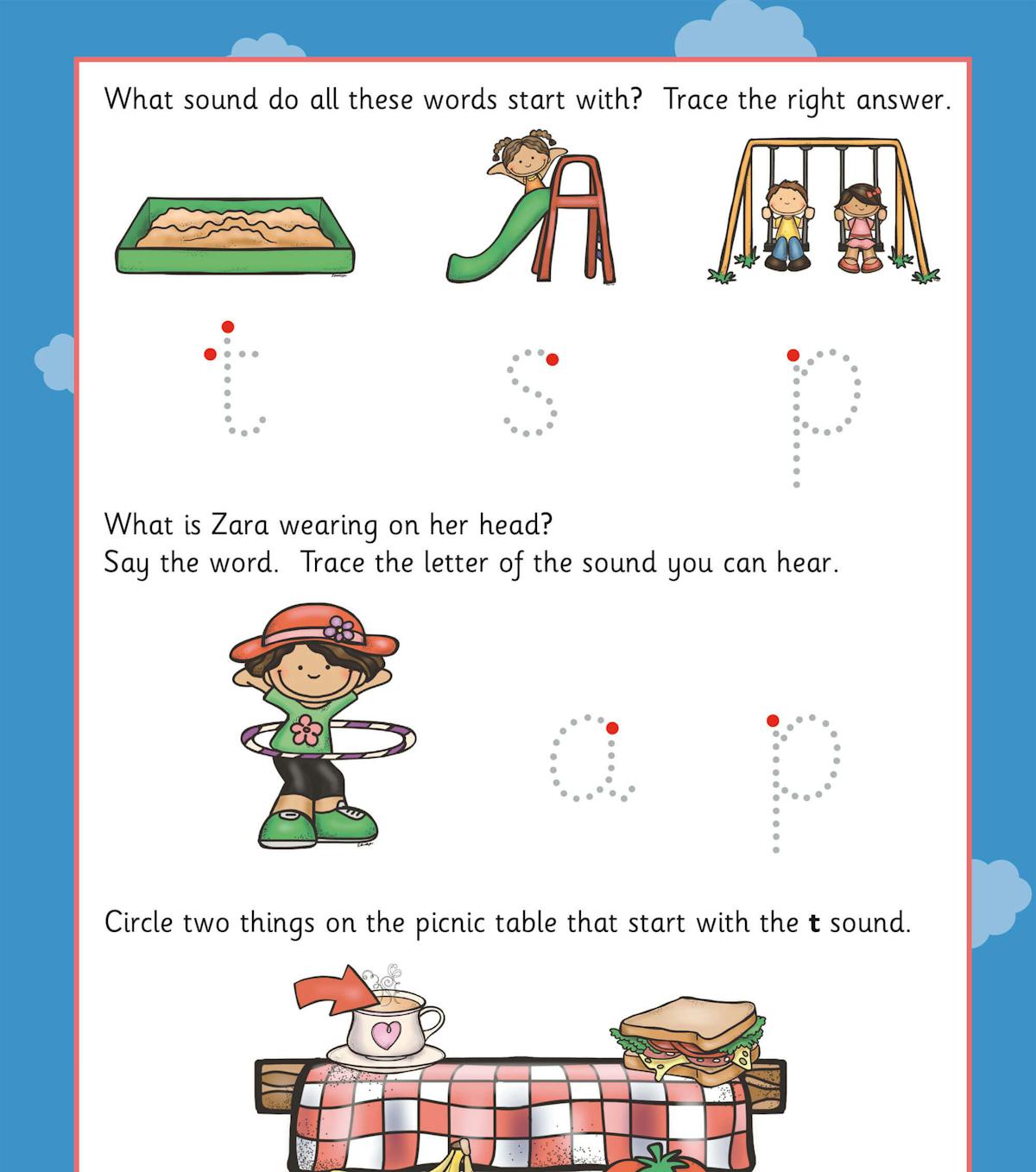 Activity page featuring playground equipment and letter sound exercises