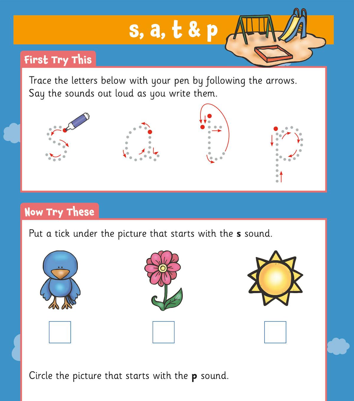 Inside page showing letter tracing and phonics identification activities