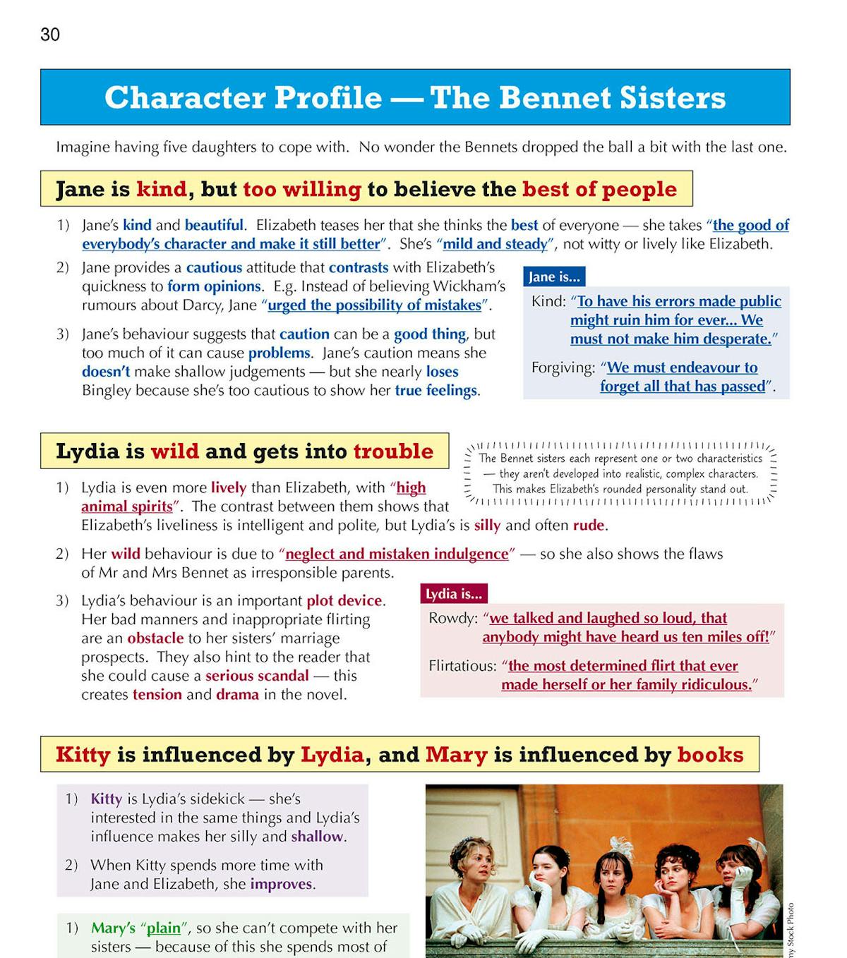 Character profiles of the Bennet sisters showing comparative analysis, key quotes and thematic connections