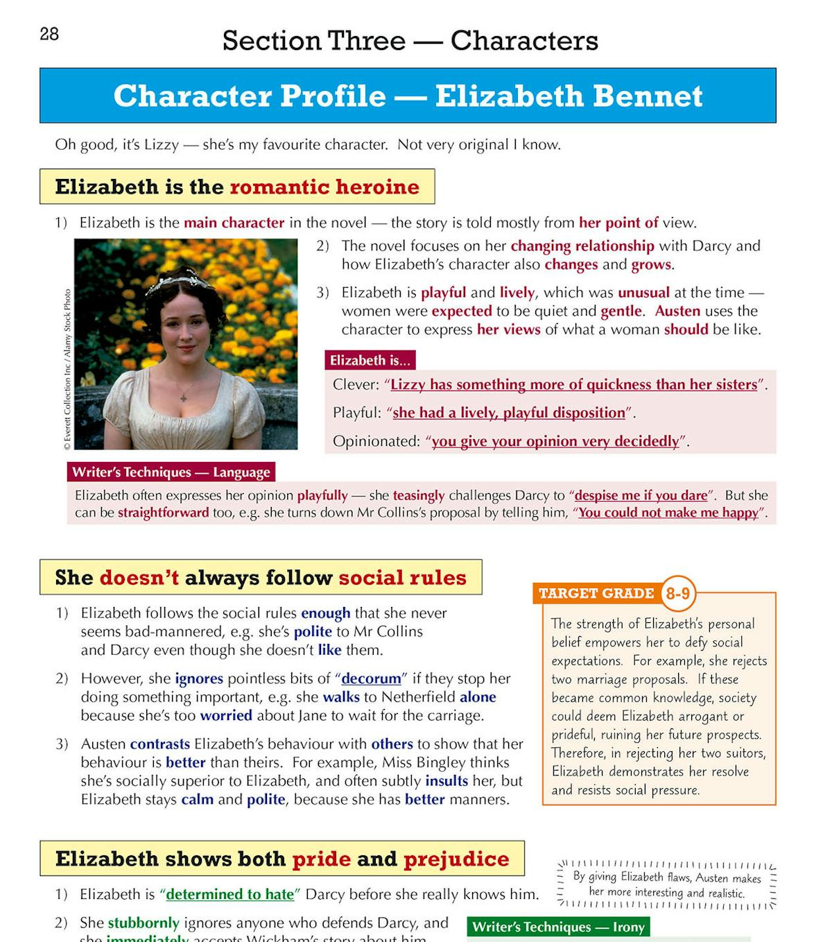 Character profile page showing detailed analysis of Elizabeth Bennet with highlighted key quotes and writer's techniques