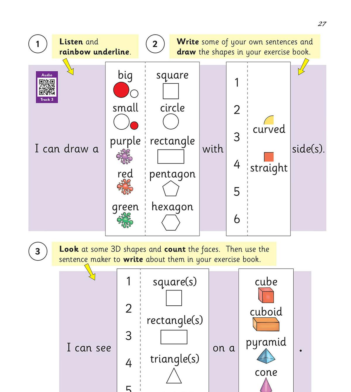 Workbook page showing vocabulary and sentence-building activities with colourful illustrations