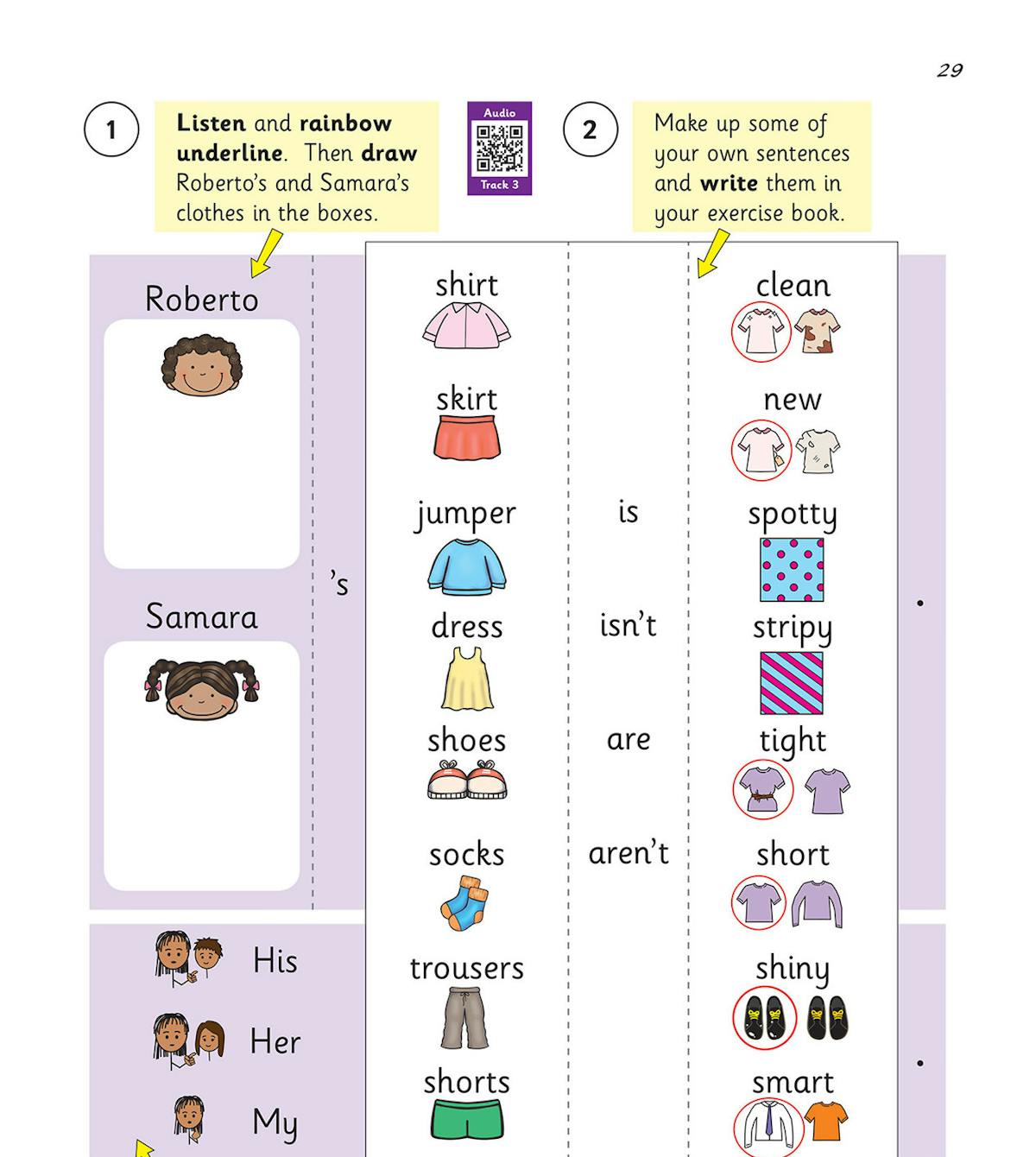 Workbook page featuring listening activities with QR code for audio and clothing vocabulary