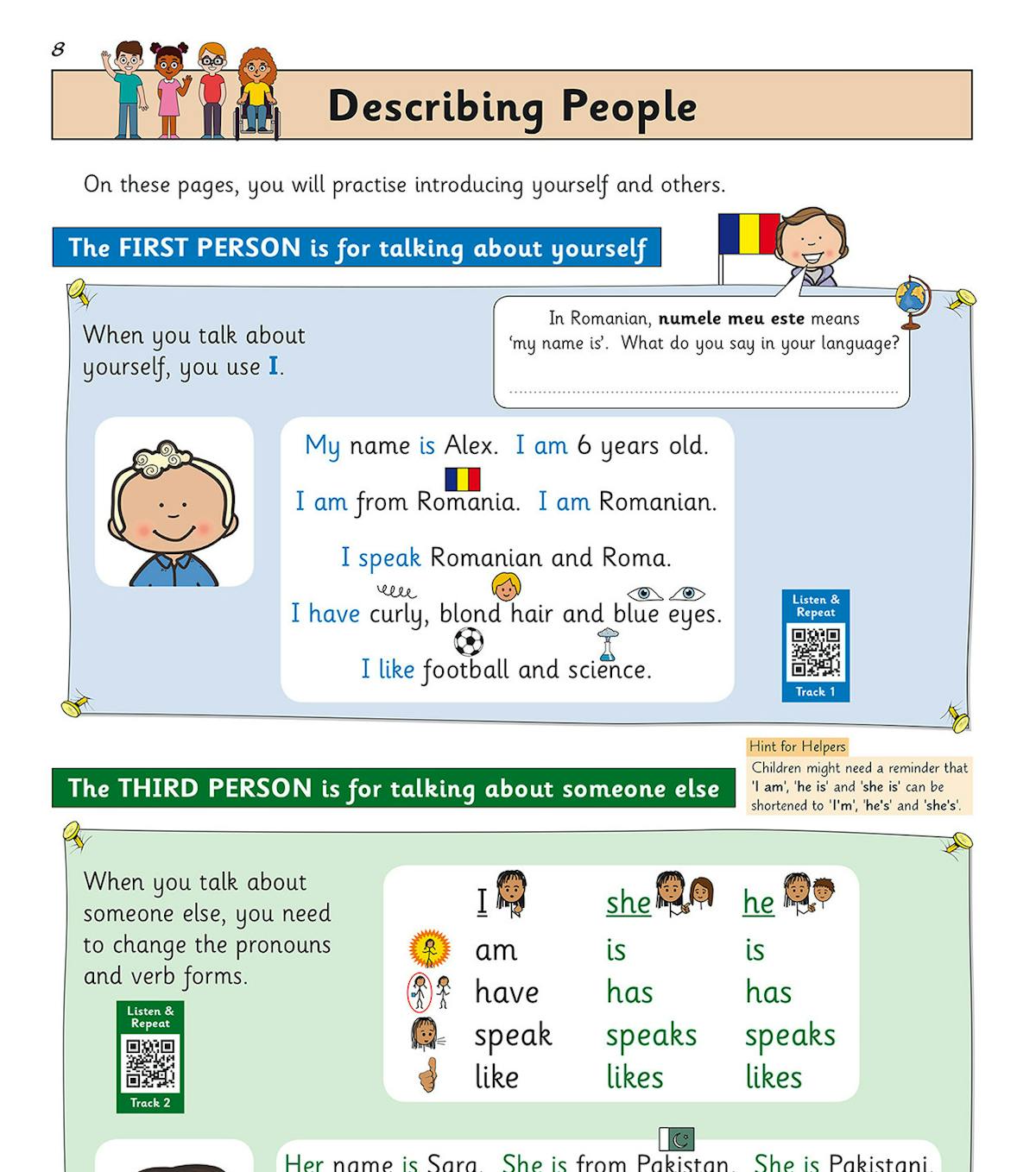 Sample page showing first and third person grammar explanations with colourful illustrations