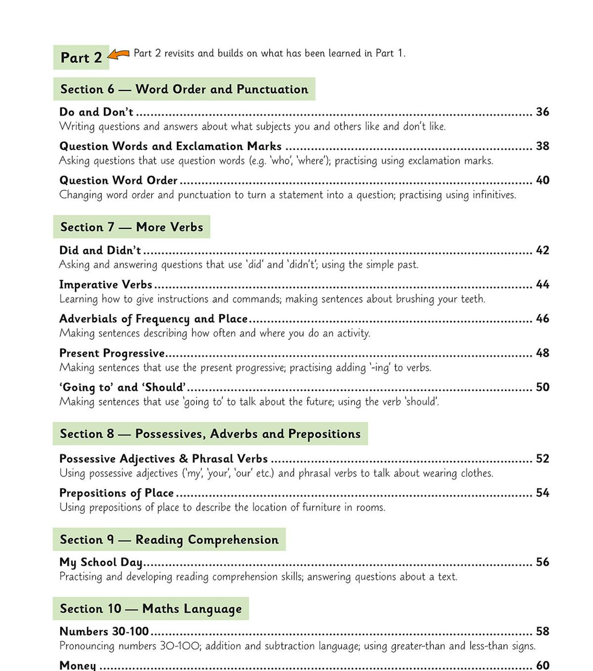 Contents page showing structured sections covering word order, verbs, reading comprehension, and phonics