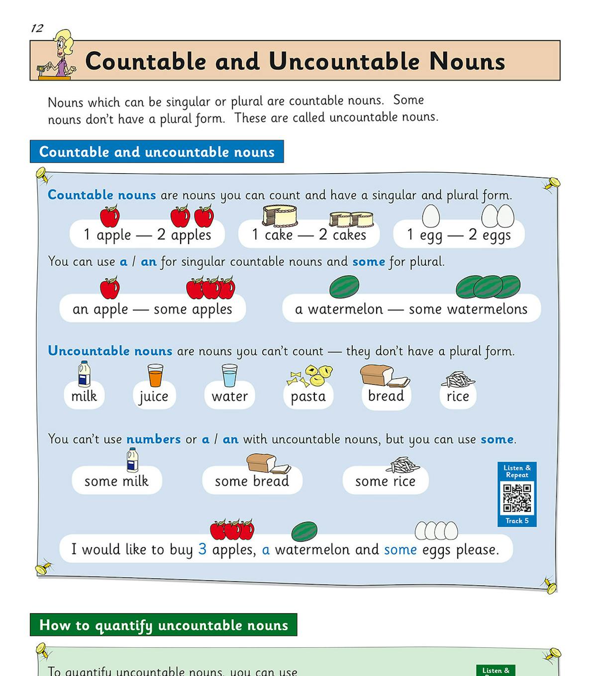 Page showing countable and uncountable nouns with colourful illustrations and QR code for audio practice