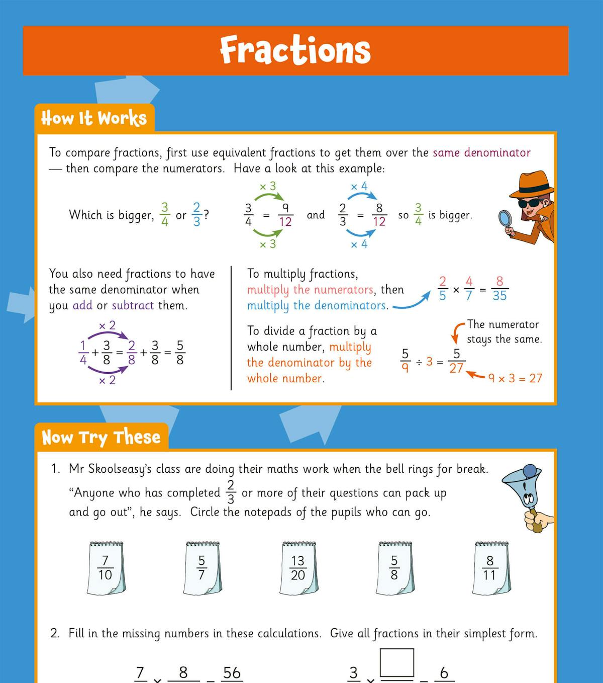 Sample page on fractions showing how to compare, add, subtract, multiply and divide fractions with worked examples and practice problems