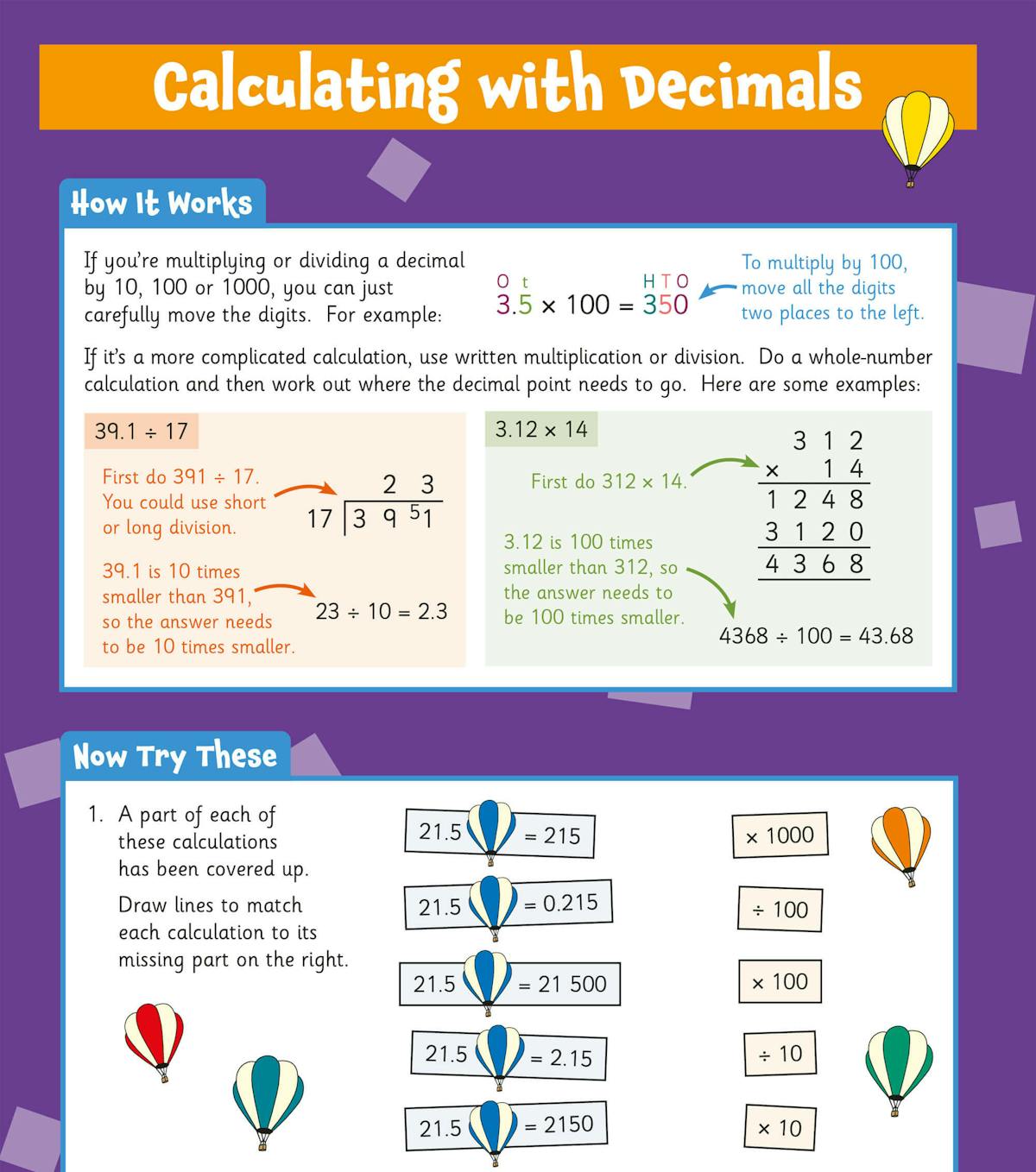 Sample page showing calculating with decimals, including worked examples and practice questions with colourful hot-air balloon illustrations