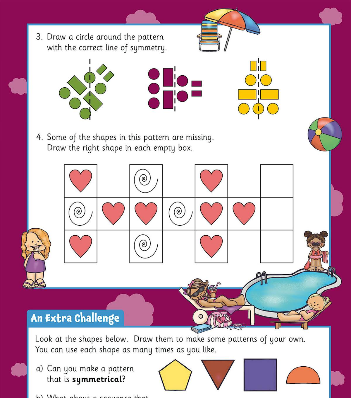 Sample page showing colourful problem-solving questions with patterns, shapes and extra challenge tasks