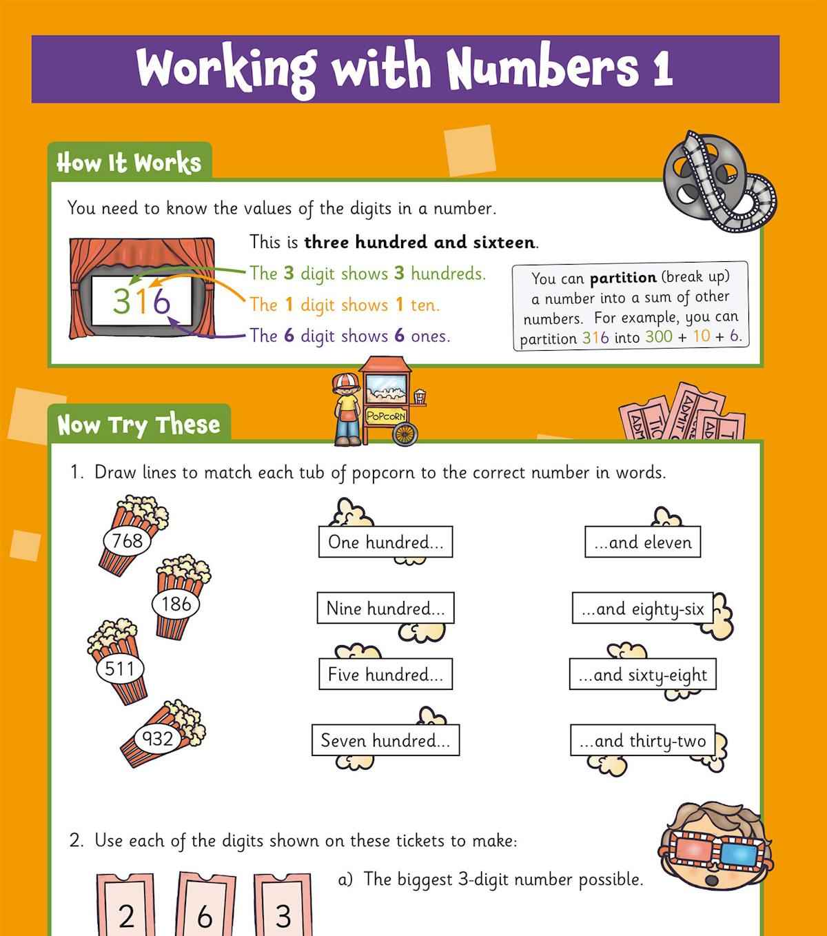 Inside pages showing step-by-step worked examples and practice activities for working with numbers