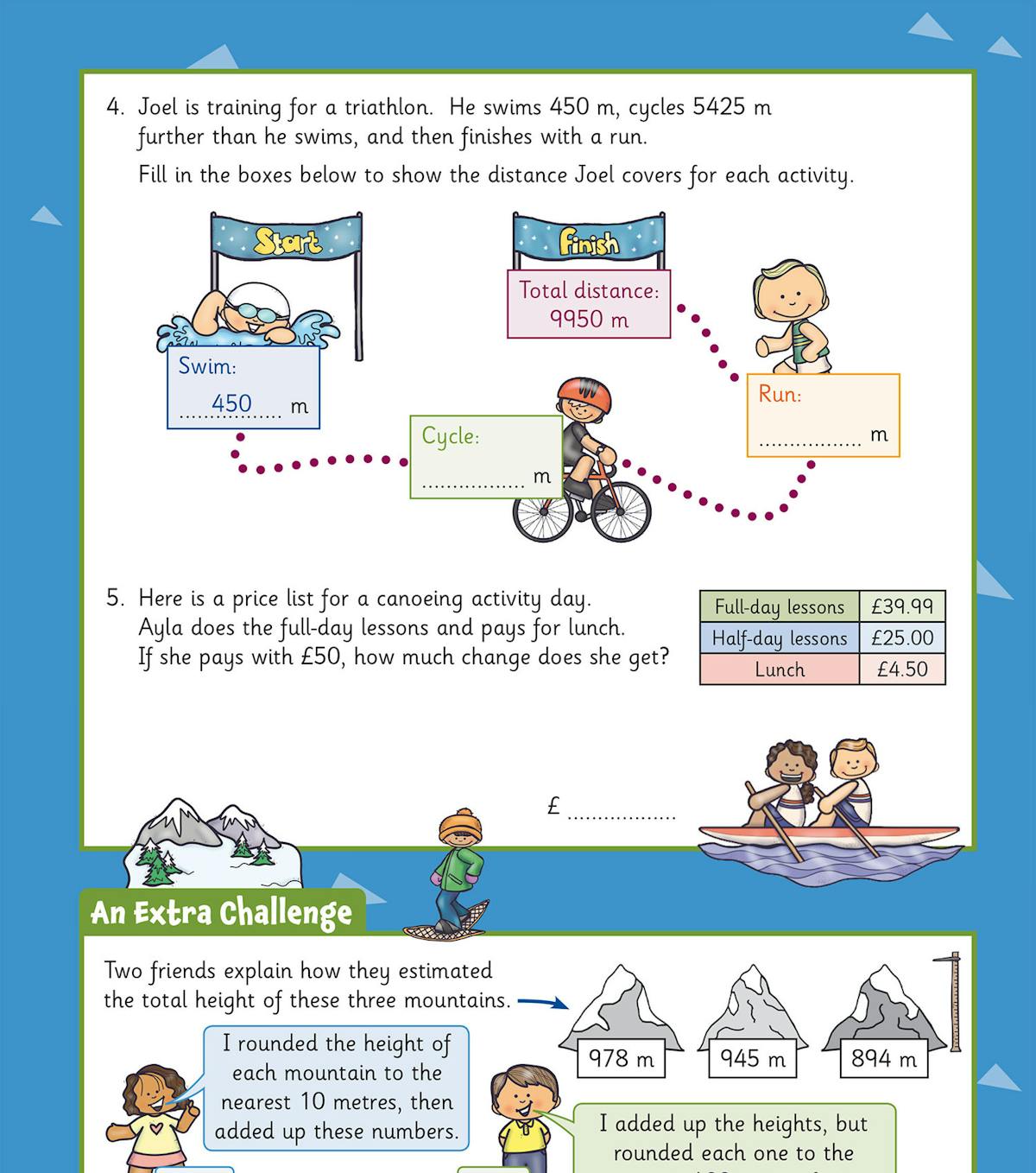 Sample page showing triathlon distance problem, price-list word problem, and mountain-height estimation challenge