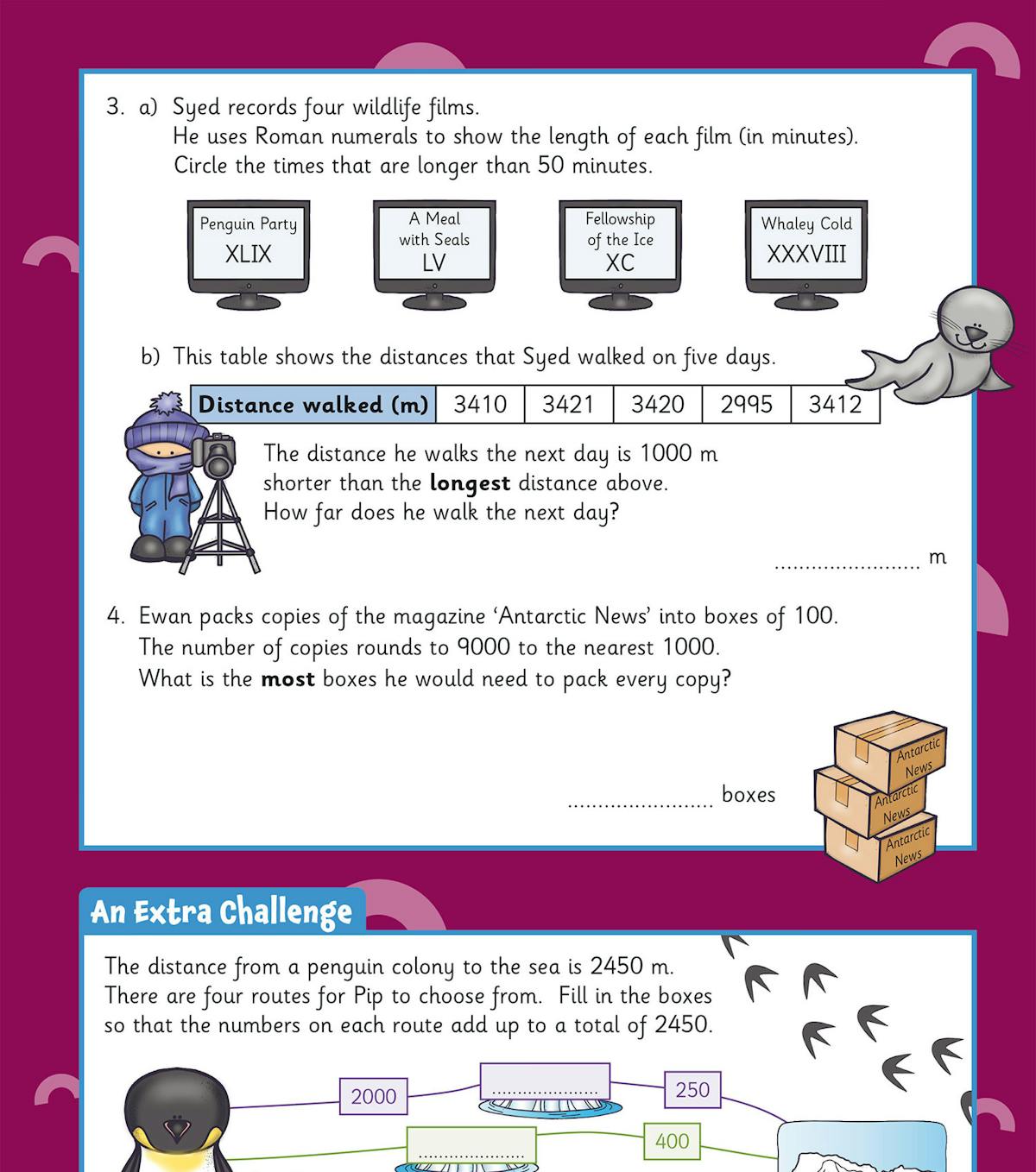 Sample page showing multi-step word problems with Roman numerals, distance tables, and penguin-themed illustrations