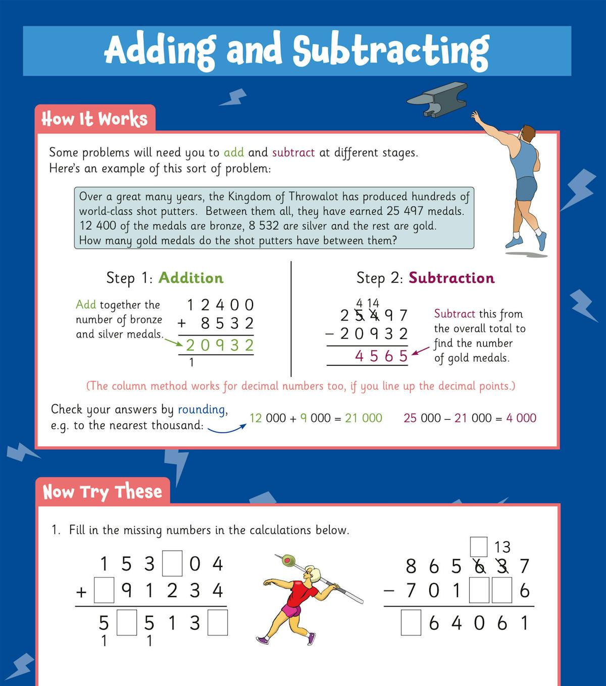 Adding and subtracting teaching page with worked examples and practice questions
