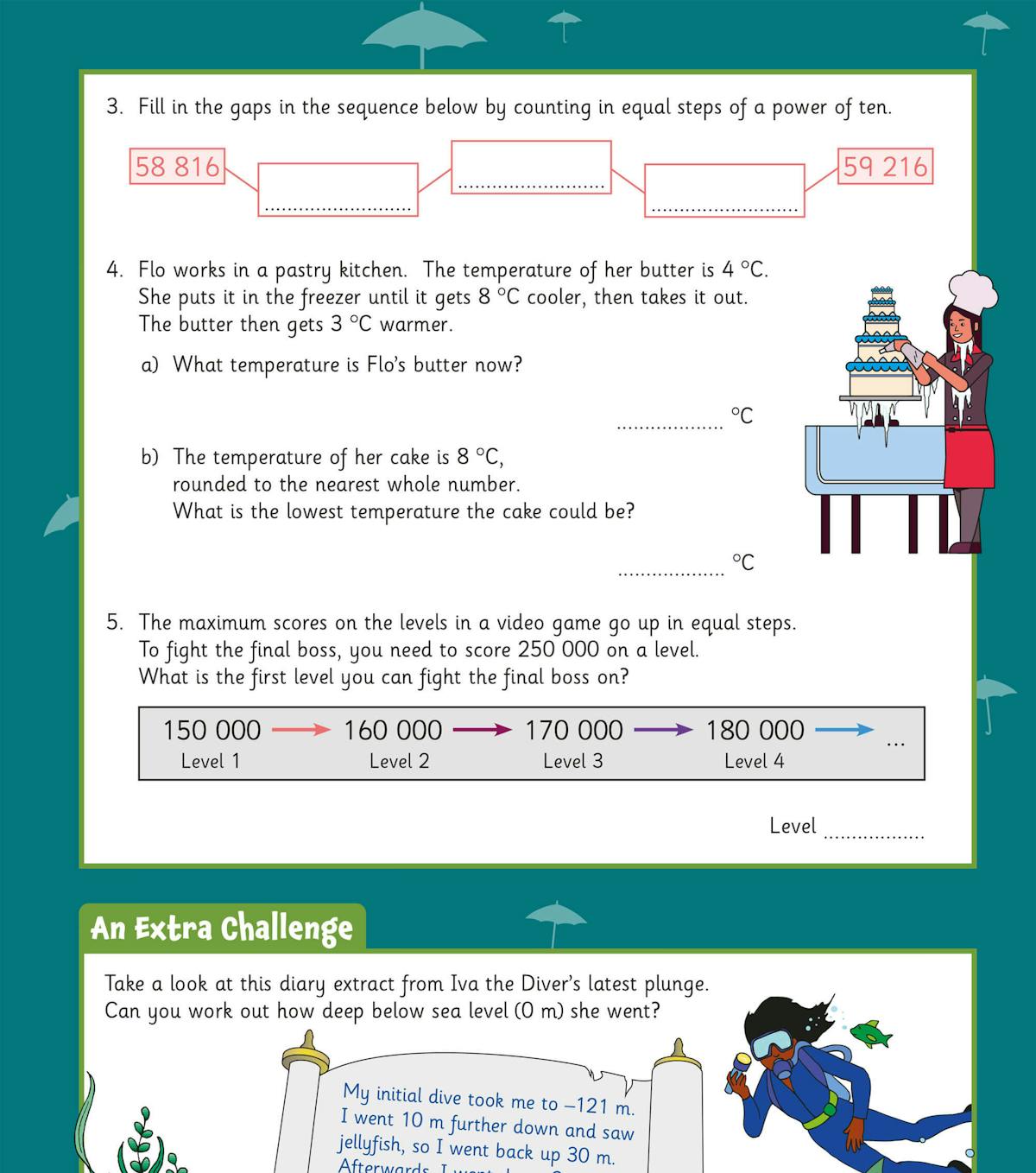 Sample page showing multi-step problem solving questions including sequences, temperature calculations, and video game level challenges