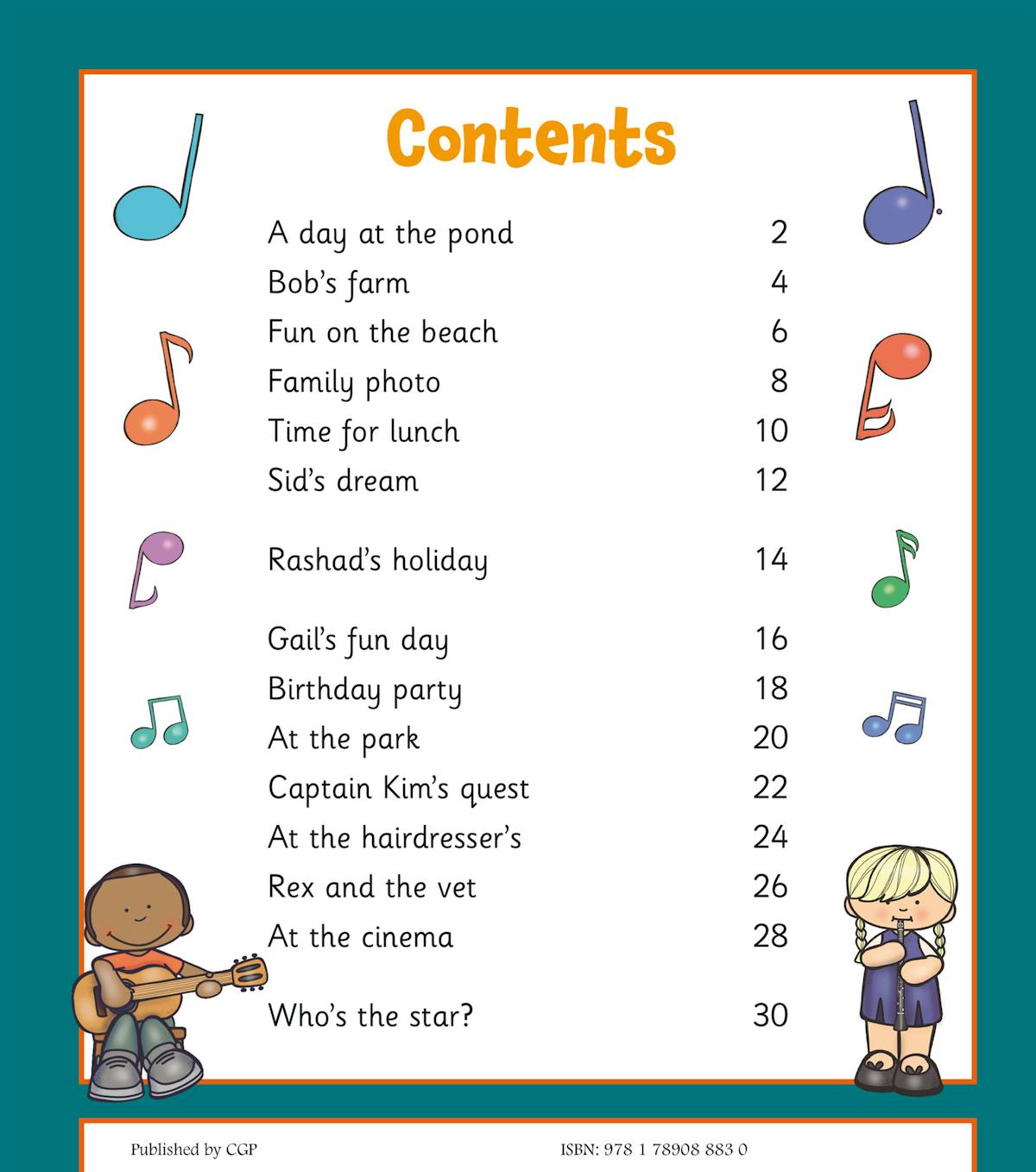 Contents page showing colourful story titles and musical note decorations