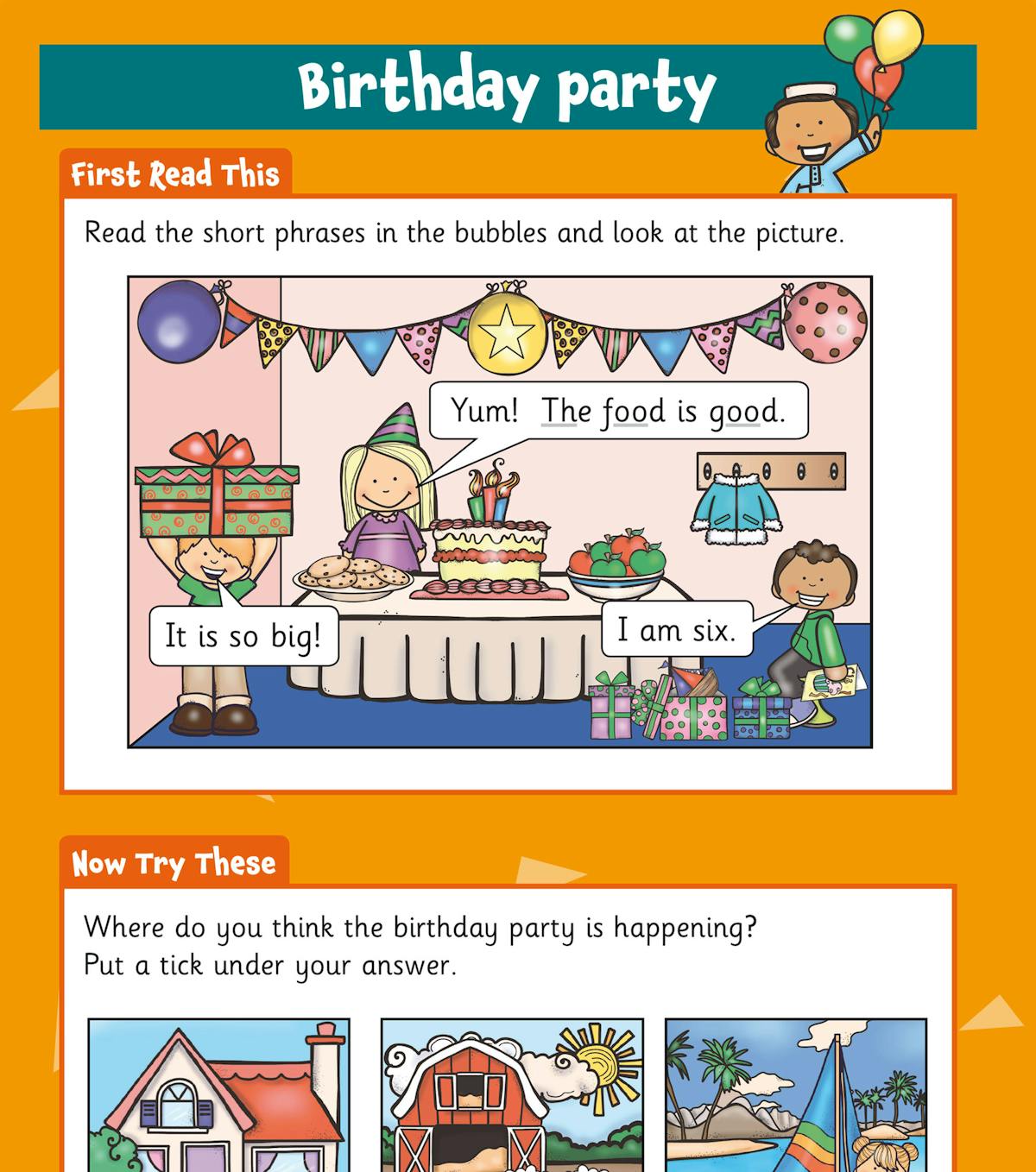 Sample activity page showing a birthday party scene with comprehension questions
