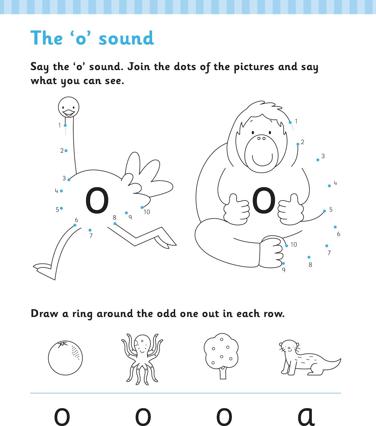 Activity page showing the 'o' sound with dot-to-dot pictures and odd-one-out exercises