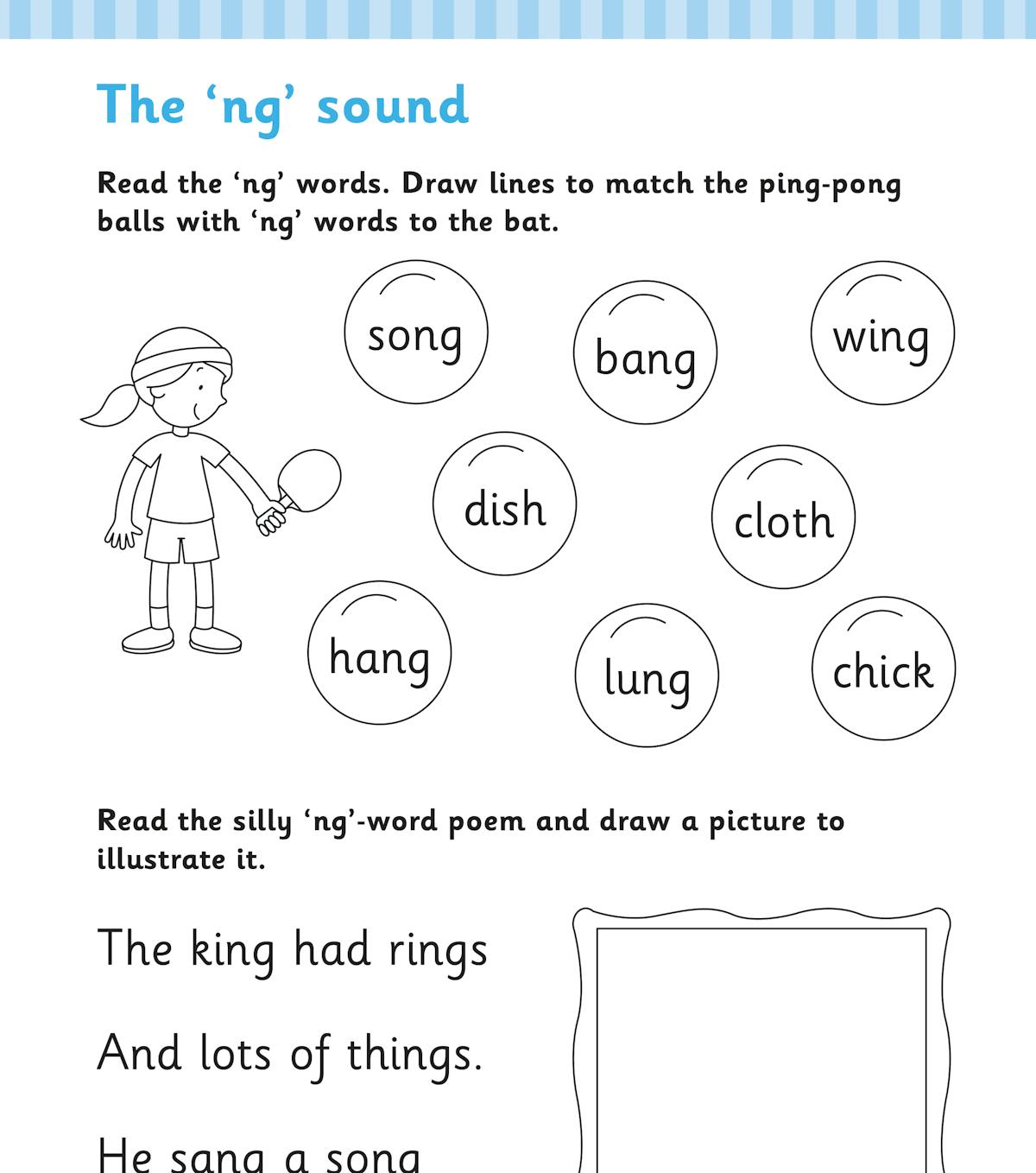 Sample page showing 'ng' sound activities with word-matching and poem tasks