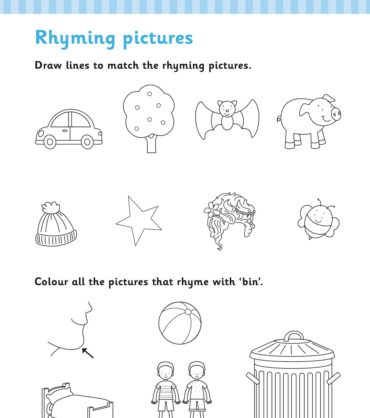 Rhyming pictures activity page showing matching and colouring exercises