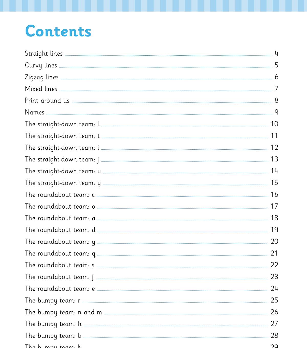 Contents page from Reception English Writing Letters Workbook listing letter formation groups