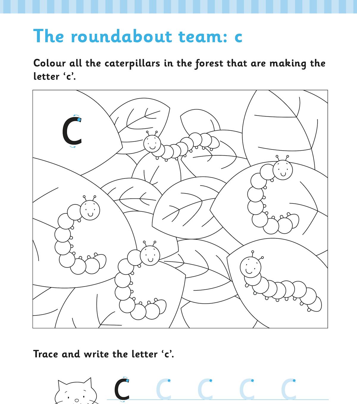 Inside page showing letter 'c' formation with tracing exercises and caterpillar illustration