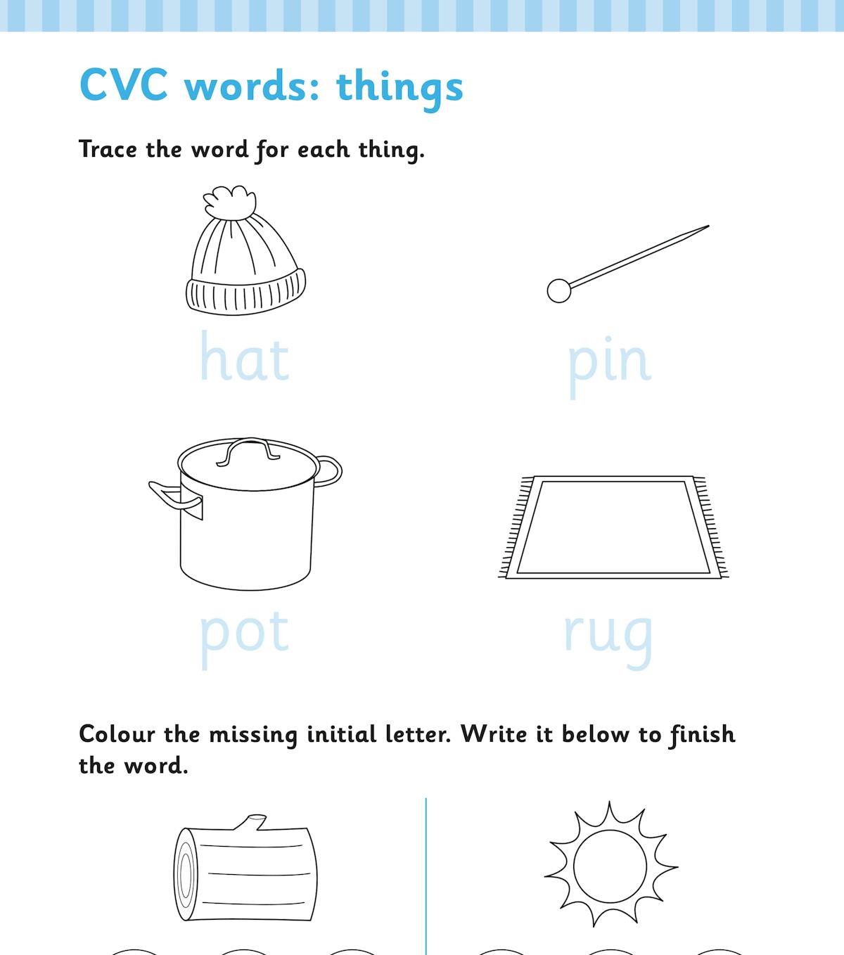 Sample workbook page showing CVC word tracing and letter recognition activities