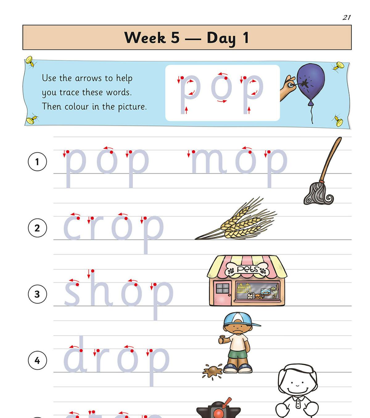 Week 5 Day 1 practice page showing tracing activities for words like pop, mop, crop, shop, drop and stop with colourful illustrations