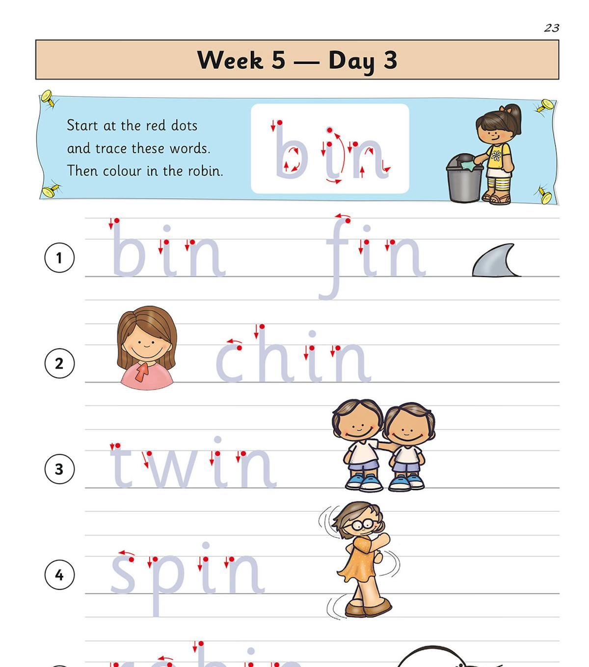 Week 5 Day 3 practice page showing tracing activities for words including bin, fin, chin, twin, spin and robin with fun illustrations