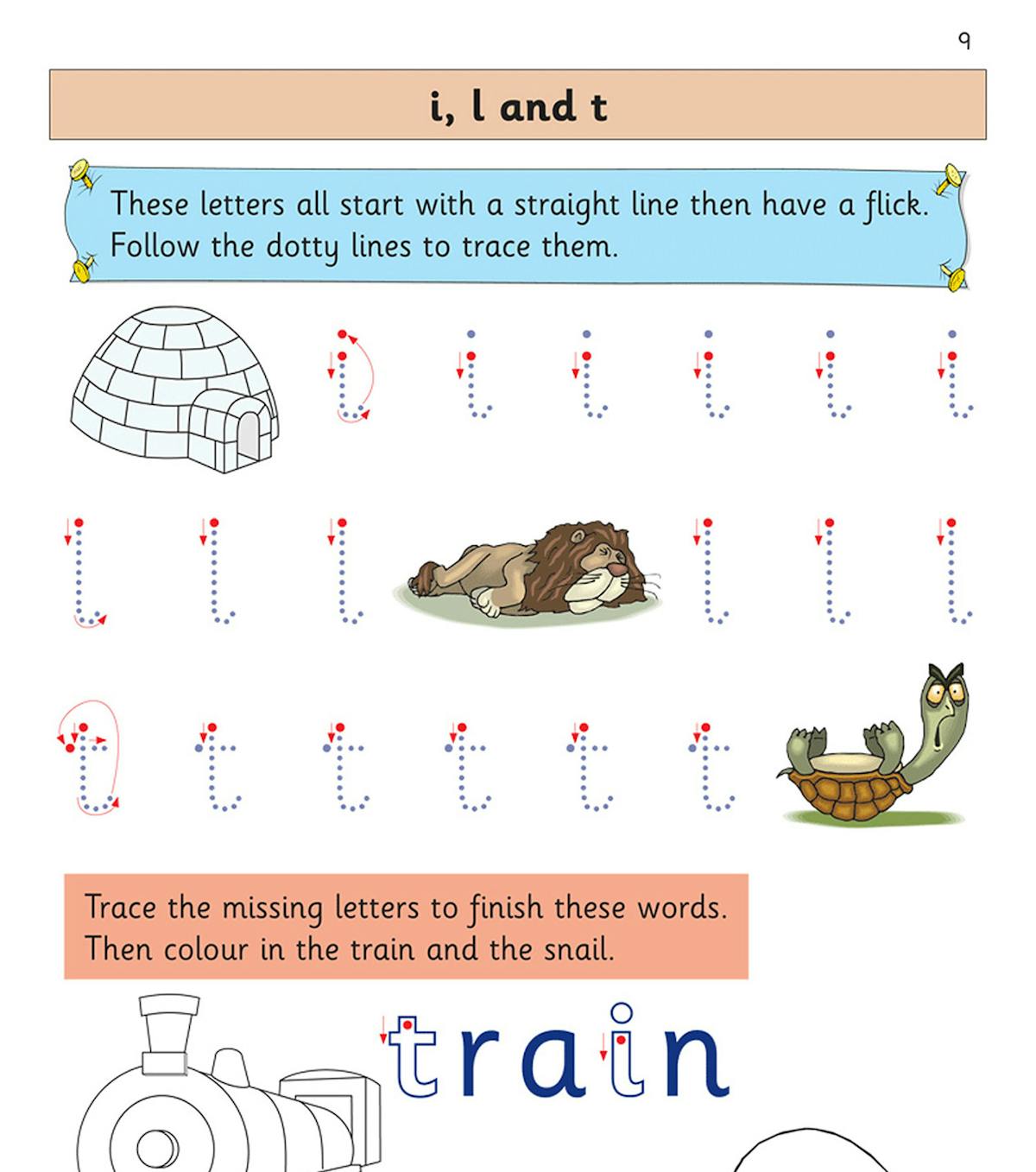 Sample page showing dotted letter tracing exercises for i, l and t with colourful illustrations