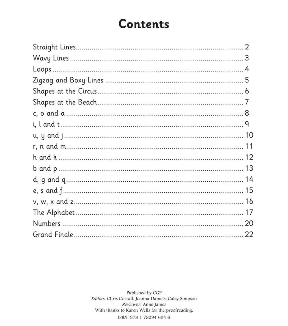 Contents page showing the progression from straight lines through to the full alphabet and numbers