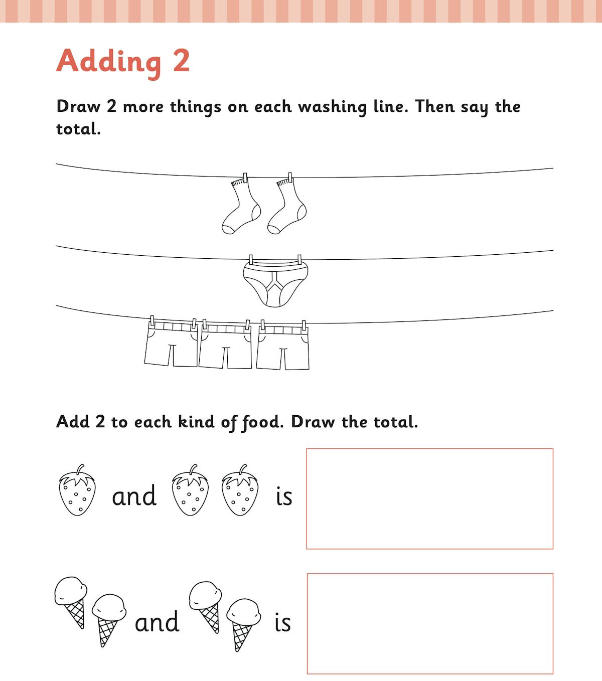 Reception Maths Adding & Subtracting Workbook sample page showing Adding 2 activities with washing line and food illustrations