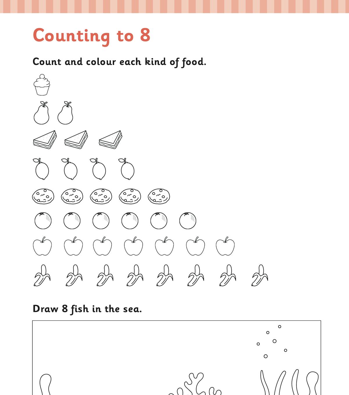 Sample page showing counting to 8 with food illustrations and drawing activity