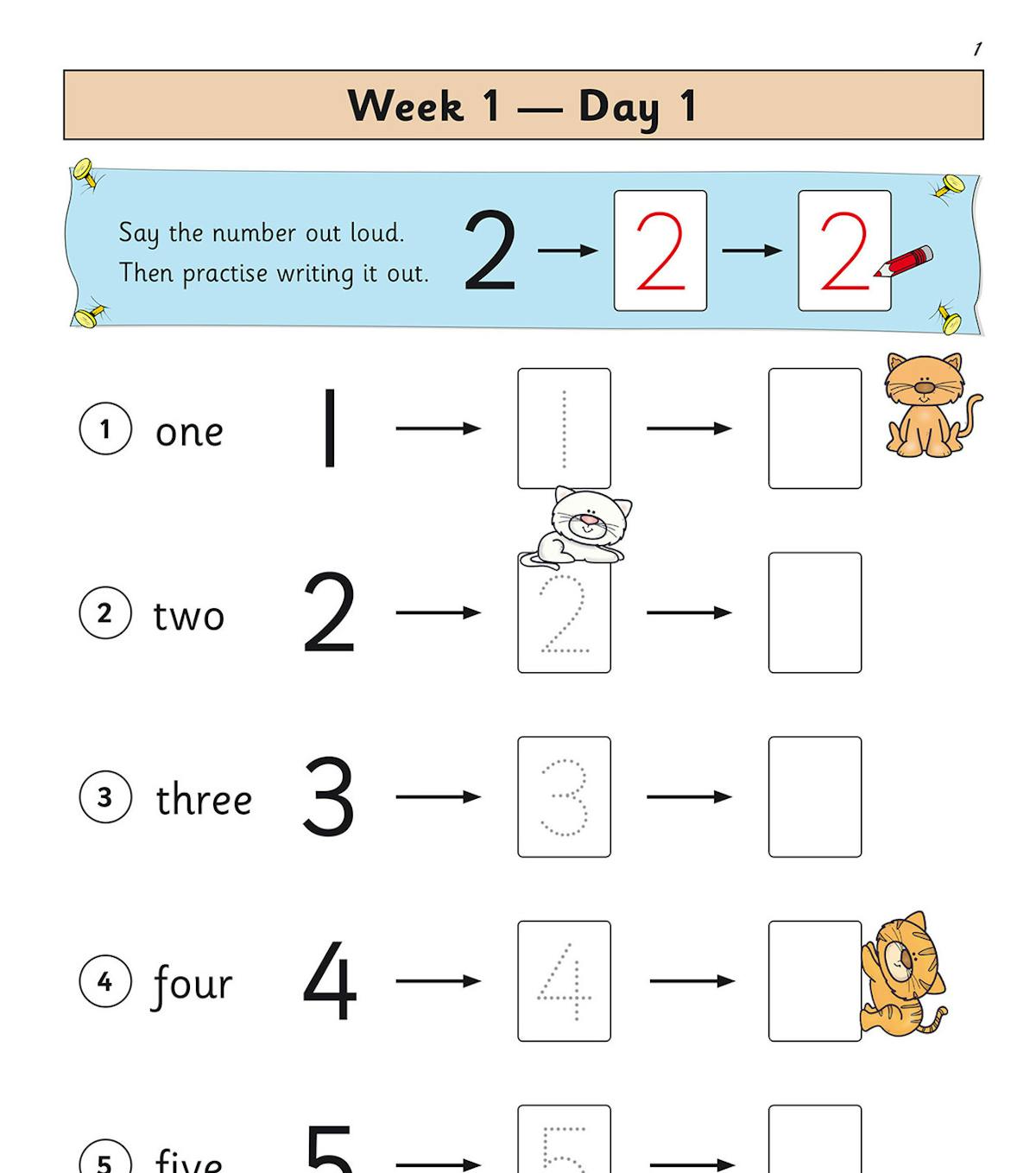 Week 1 Day 1 number writing practice page showing tracing and writing exercises for numbers 1 to 5