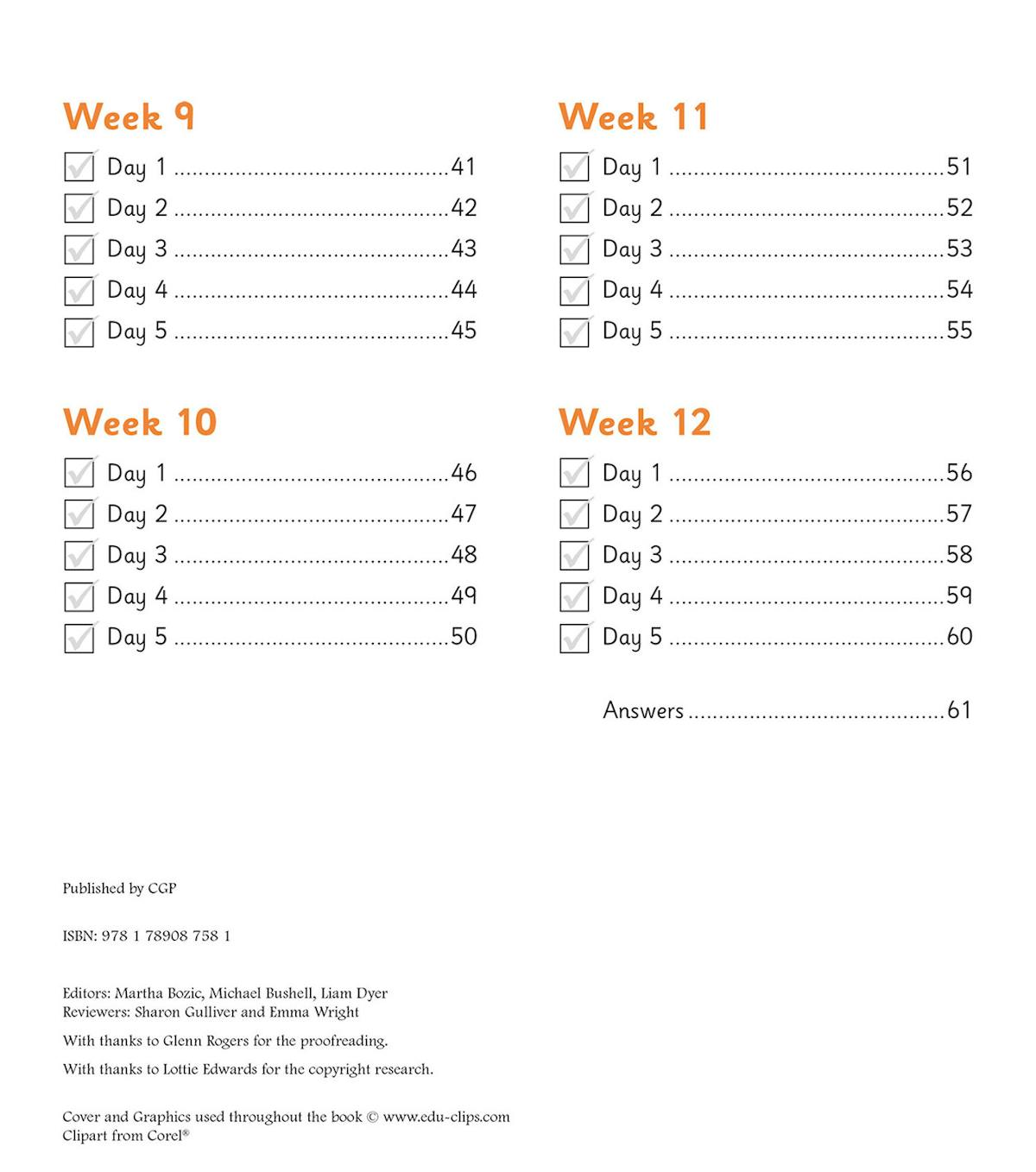 Contents page showing weekly schedule from Week 9 to Week 12 with daily practice activities and page numbers