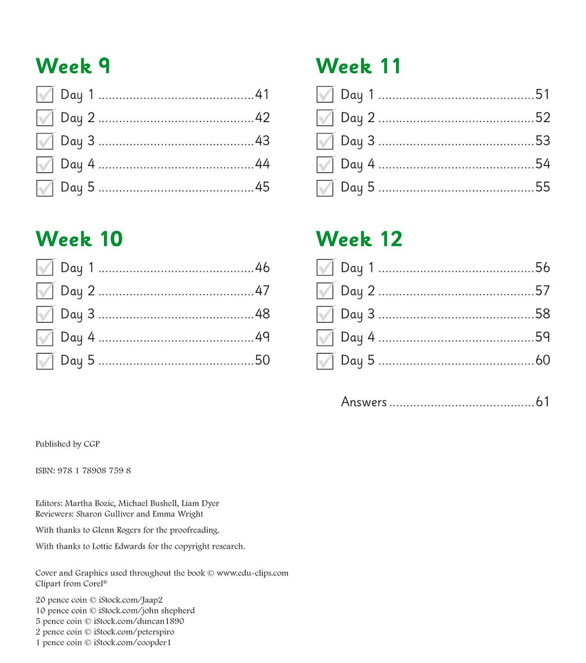 Contents page showing weekly structure from Week 9 to Week 12 with daily checkboxes