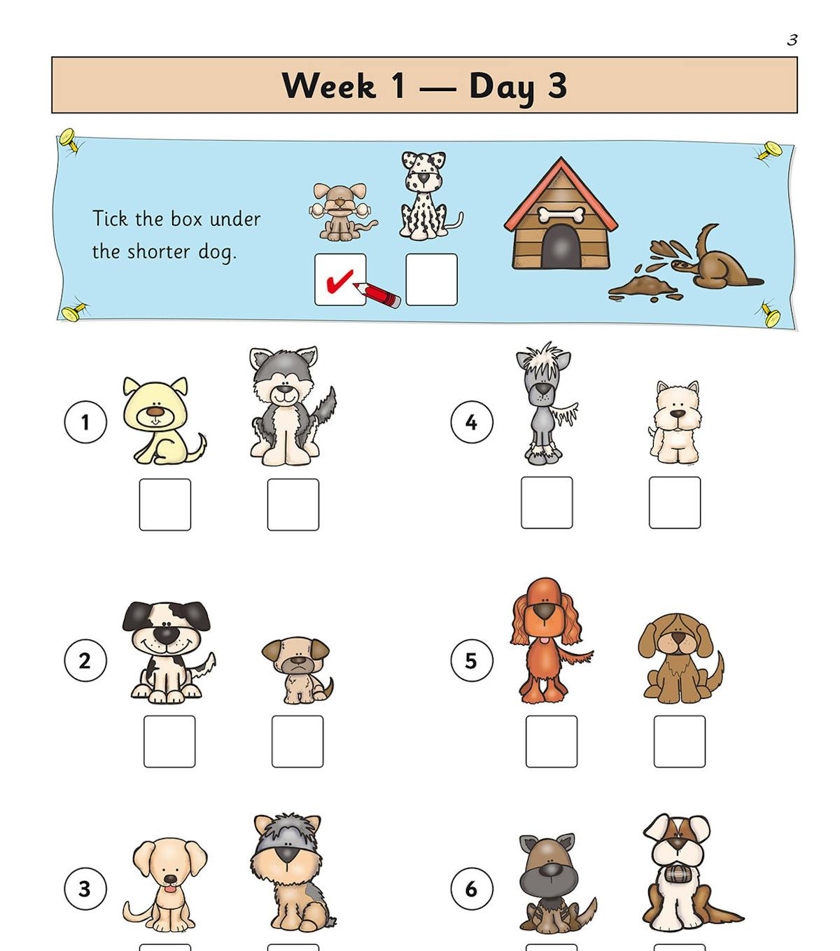 Sample daily practice page showing comparison activities with colourful dog illustrations