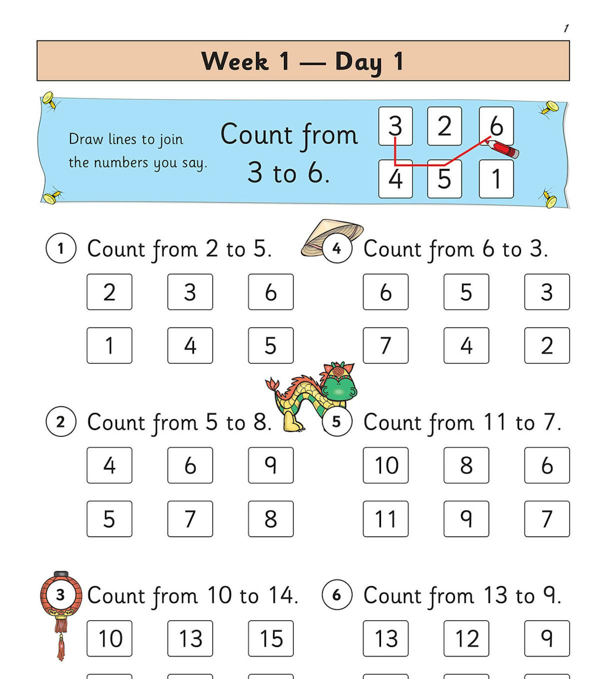 Sample page showing counting exercises with colourful characters and a score tracker