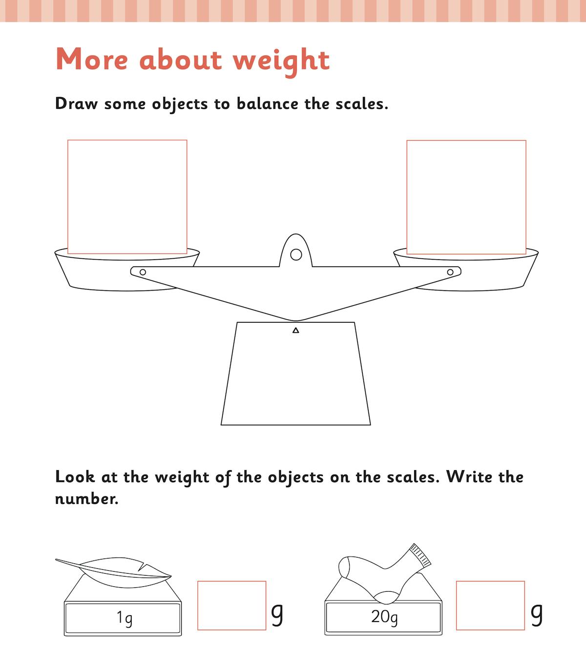 Sample page on weight showing balance scales and objects with gram measurements