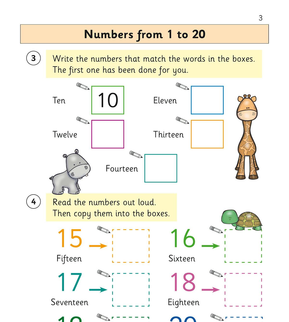 Sample page showing number recognition exercises from 1 to 20 with colourful boxes and friendly animal illustrations