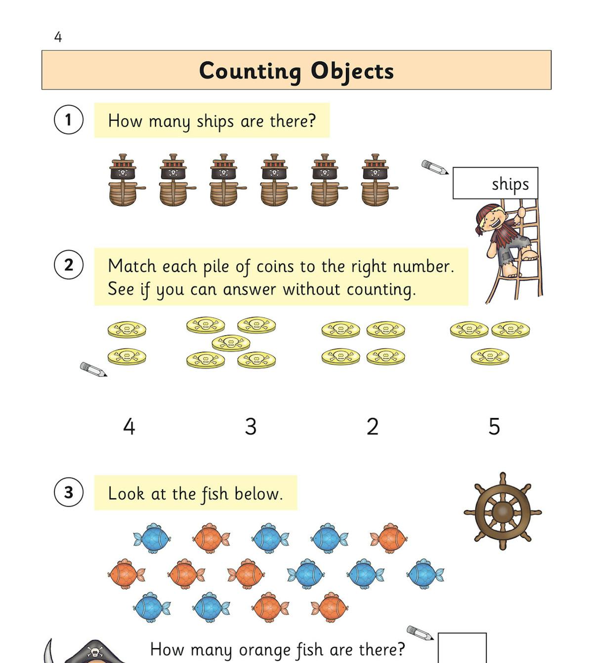Counting objects page featuring pirate-themed illustrations including ships, coins, and colourful fish