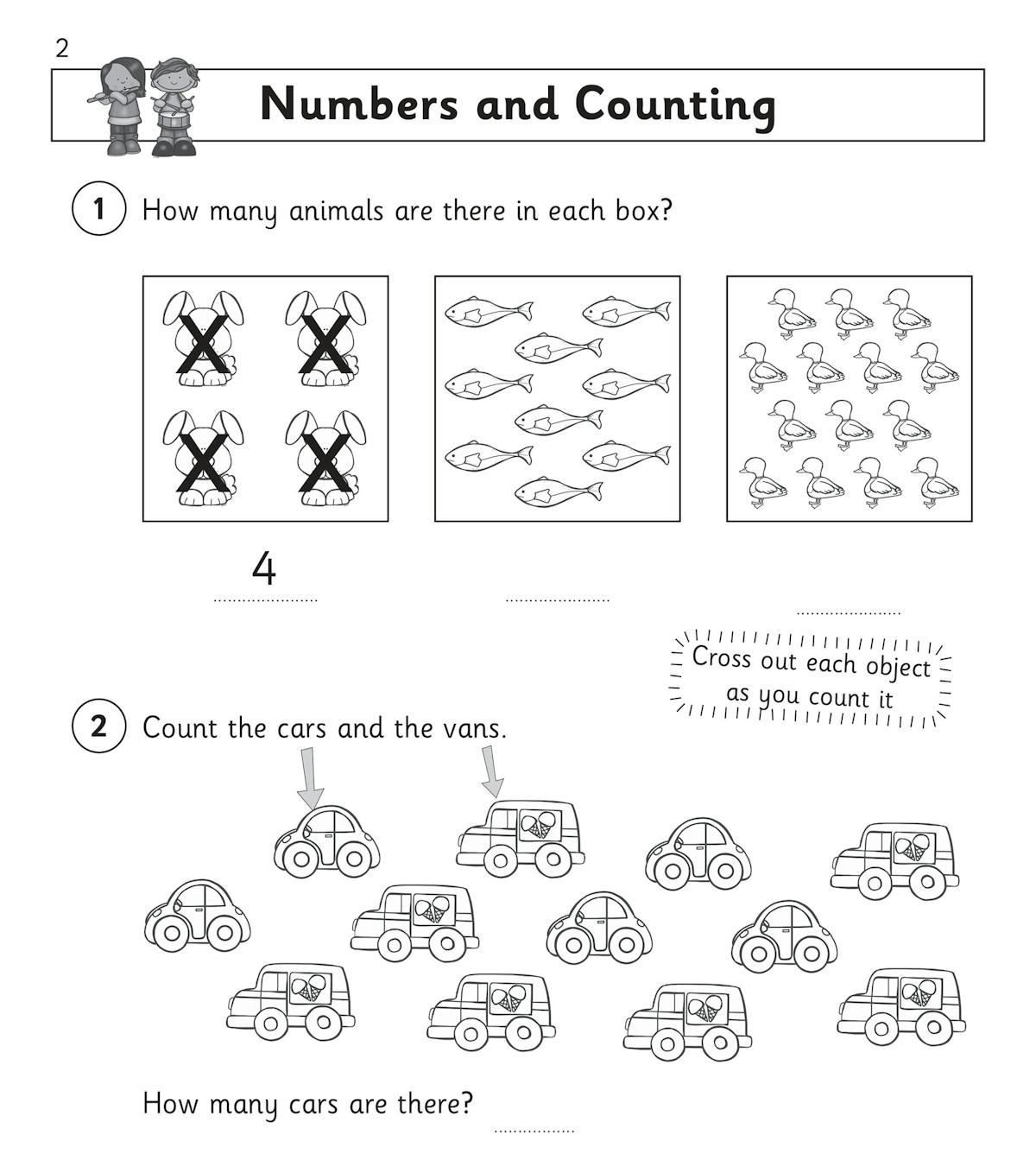 Sample page showing numbers and counting exercises with animals and vehicles