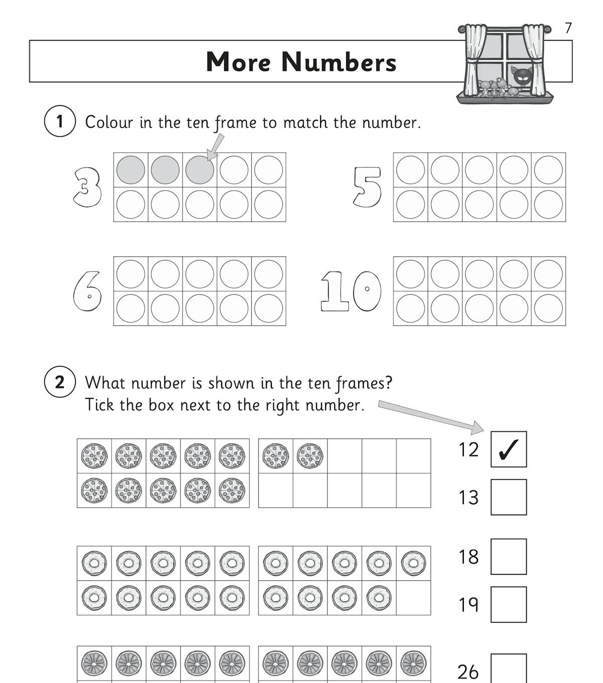 Page demonstrating ten frame exercises with numbers and tick-box questions
