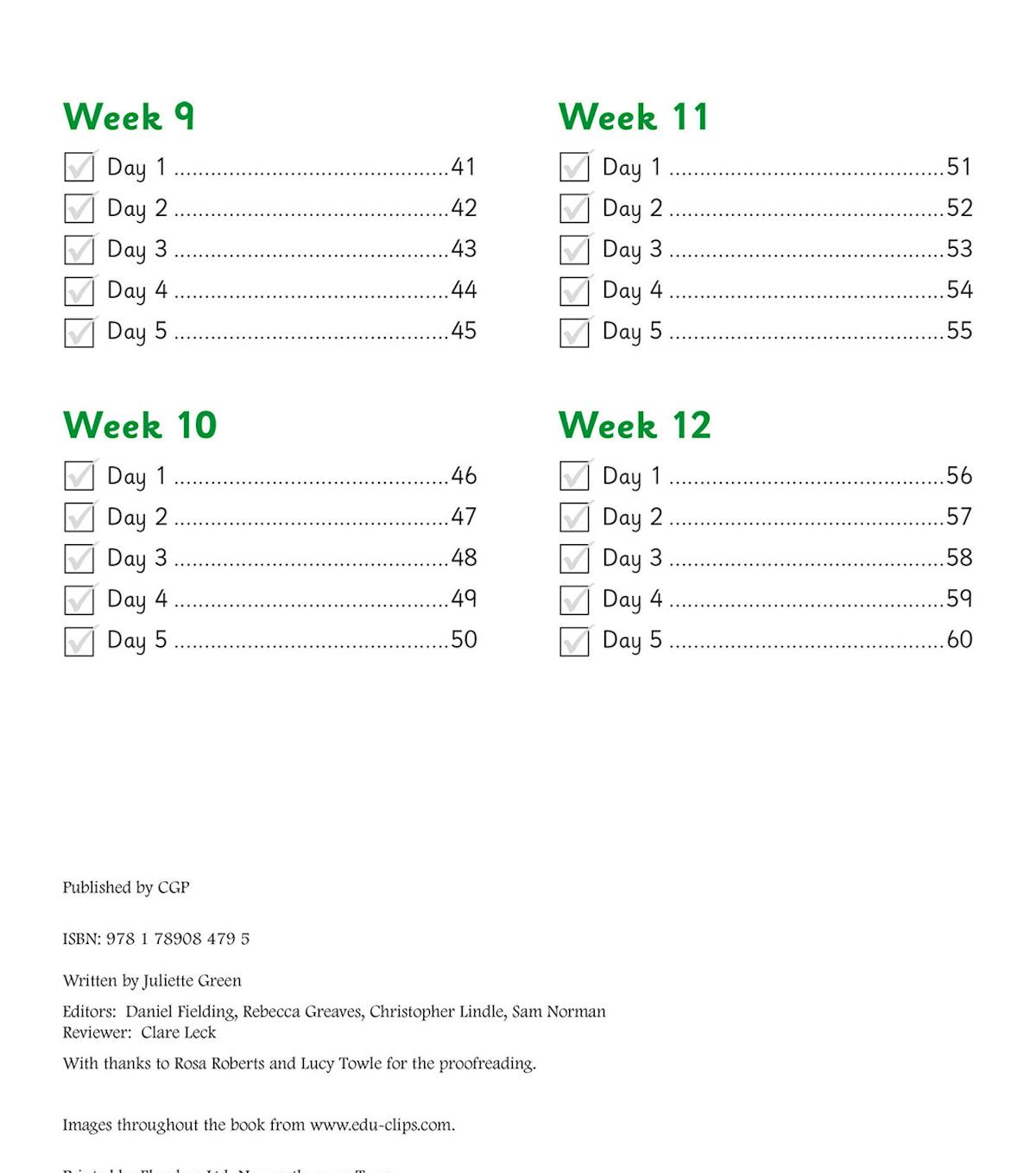 Contents page showing weekly overview with checkbox tracker for weeks 9 to 12