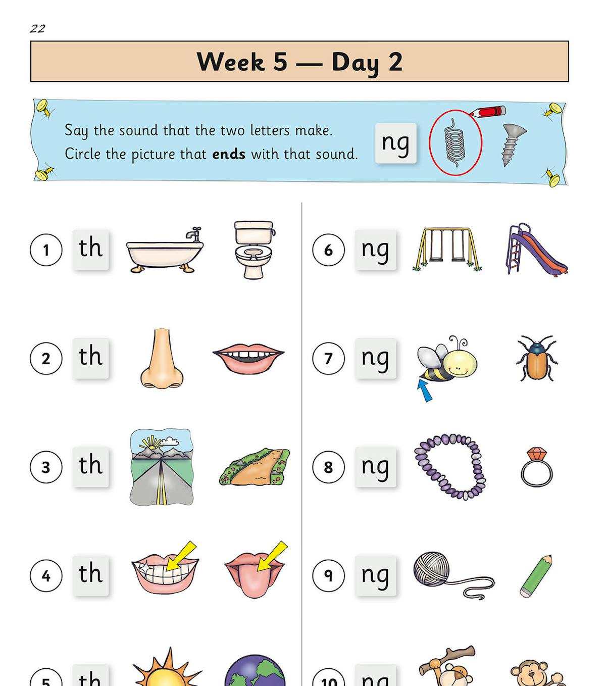 Sample activity page showing phonics exercises for 'th' and 'ng' sounds with colourful illustrations