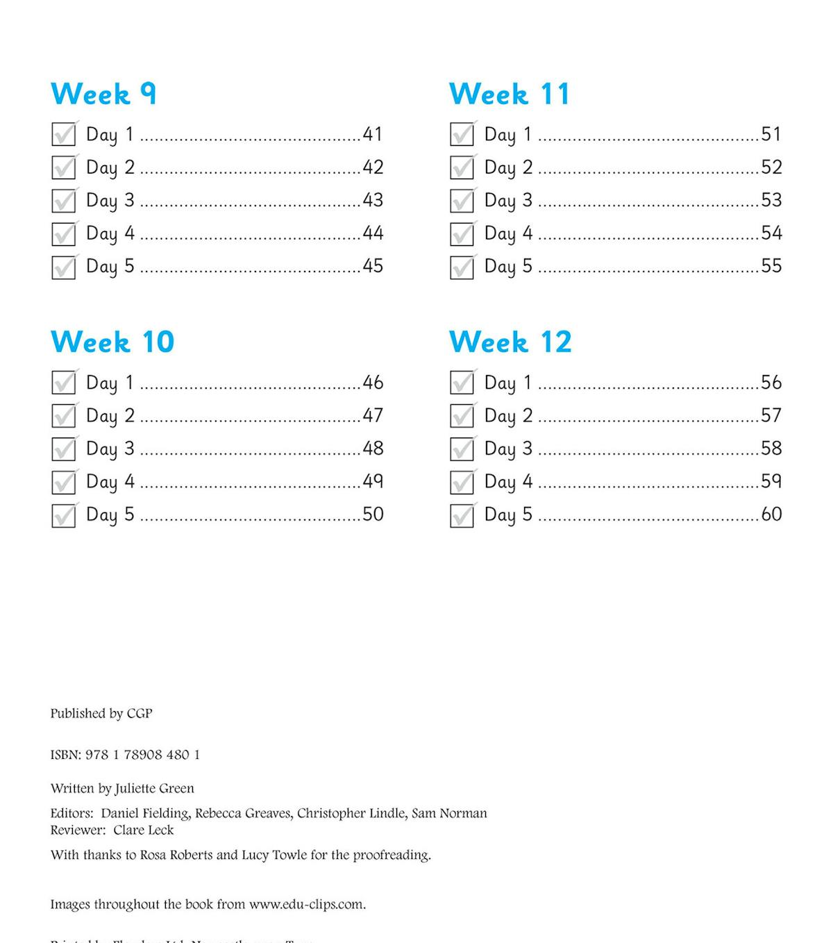 Contents page showing 12 weeks of daily phonics activities organised by week and day