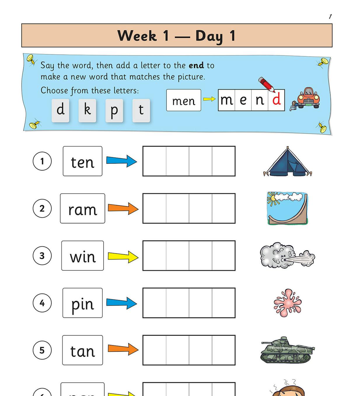 Sample phonics activity page showing word-building exercises with colourful illustrations