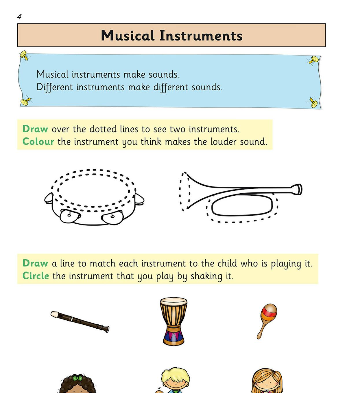 Sample page showing musical instruments activity with tambourine and trumpet