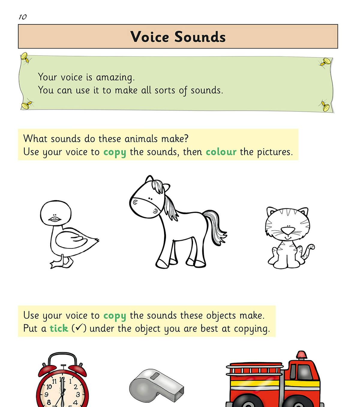 Sample page showing voice sounds activity with duck, horse and cat illustrations