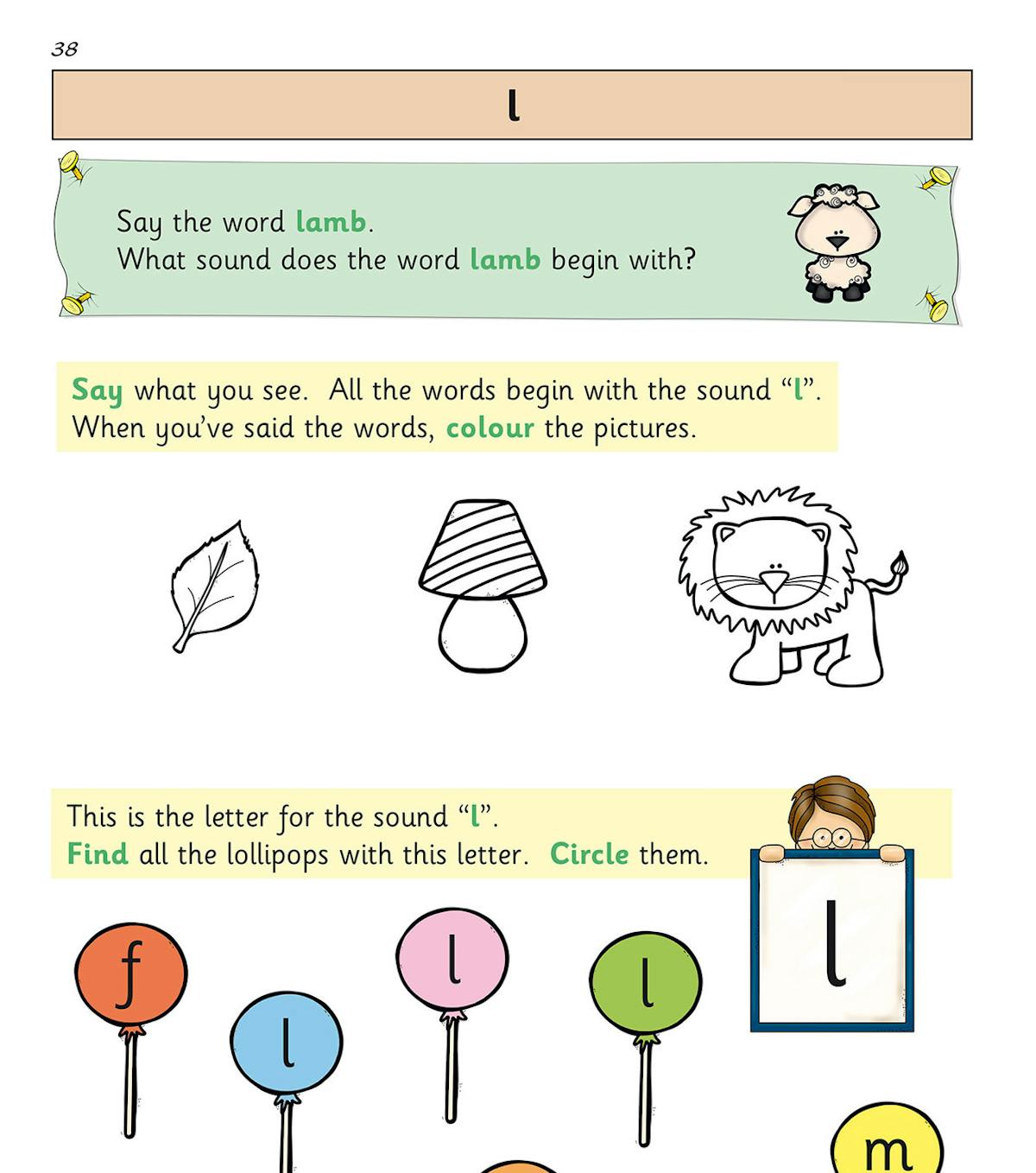 Page focusing on the letter l sound with colouring and identification tasks