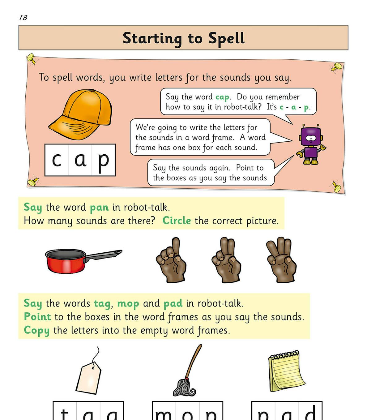 Spelling activity page from Phonics Workbook Book 2 with word frames and robot-talk instructions